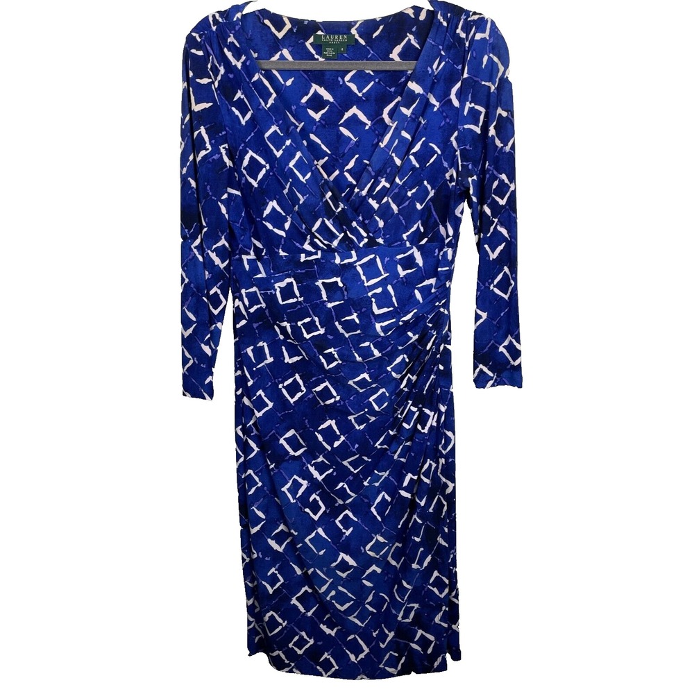 Lauren Ralph Lauren Dress Womens 6 Blue Geometric Side Ruched Long Sleeve Career